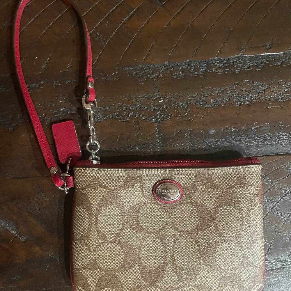 Coach Signature Tan and Red Wristlet